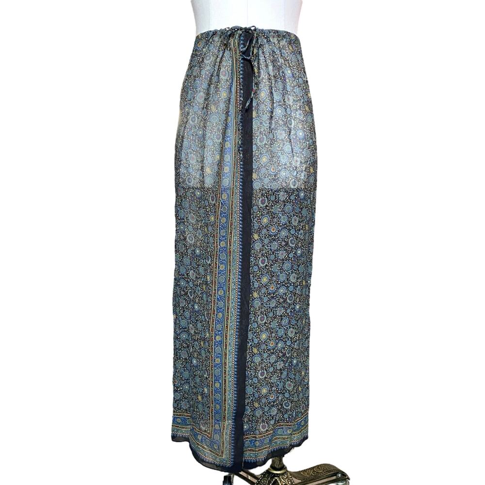 Vintage Malia Mills Sheer Maxi Skirt Small Viscose Boho Cover Up Scarf Print